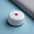 Round white device with a red button on a blue surface Royalty Free Stock Photo