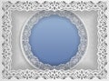 Round white frame in an rectangular frame with lace edges and a abstract background inside. Template for wedding and other congrat