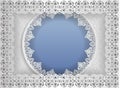 Round white frame in an rectangular frame with lace edges and a abstract background inside. Template for wedding and other congrat