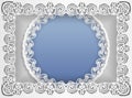 Round white frame in an rectangular frame with lace edges and a abstract background inside. Template for wedding and other congrat