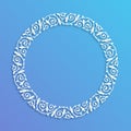 Round white frame, vignette on a blue background. Vector geometric border, bas-relief Elegant decoration, ornament