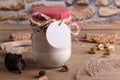 The Round white gift tag mockup on a jar with mixture of ingredients for baking cookies for Christmas Royalty Free Stock Photo