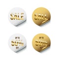 Round white and golden badges with golden Sale word and Up To 50 percent Off text isolated on white background. Vector Royalty Free Stock Photo