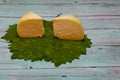 Round white homemade goat milk cheese on vine leaf on a wooden table Royalty Free Stock Photo