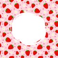 Round white label for text on pink background with Bright red strawberries and flower. Royalty Free Stock Photo