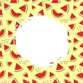 Round white label for text on yellow background with Bright watermelon and seeds.