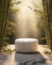 A round white marble product display podium amidst a golden bamboo forest. Royalty Free Stock Photo