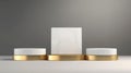 Round white marble podium with a metallic gold base on gray background in luxury studio scene. Generative AI