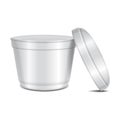 Round white plastic container. Soup bowl or for dairy products, yogurt, cream, dessert, jam. Vector packaging template