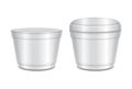 Round white plastic open and closed container. Soup bowl or for dairy products, yogurt, cream, dessert, jam. Vector packaging set
