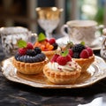 Round white plate containing mini cupcakes topped with assorted berries, AI-generated. Royalty Free Stock Photo