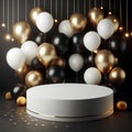Round white podium platform for black friday sale and gold and black balloons on dark background Royalty Free Stock Photo