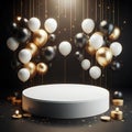 Round white podium platform for black friday sale and gold and black balloons on dark background Royalty Free Stock Photo