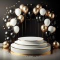 Round white podium platform for black friday sale and gold and black balloons on dark background Royalty Free Stock Photo