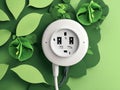 Round and white Smart plug on the leaf-covered, green wall. a green energy idea.