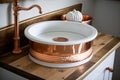 round white wash basin with copper faucet and towel rack