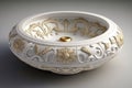 round white wash basin with gold accents and intricate designs