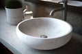 round white wash basin with metal faucet, creating a sleek and modern look
