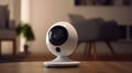 round white webcam on a wooden table in a room