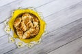 Round wicker basket with croissants on yellow cloth