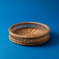 A round wicker basket is displayed against a solid blue background Royalty Free Stock Photo