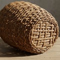 A round wicker basket lies on its side on a wooden surface. The basket\'s texture is Royalty Free Stock Photo