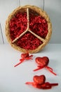 wicker peace basket with red sparky hearts for Valentine's LOVE