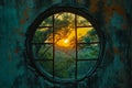 A round window in an abandoned building with a view of the sun setting through it. Generative AI Royalty Free Stock Photo