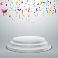 Round winner podium with confetti. Realistic stepped stage. 3D pedestal with glossy surface. Blur motion of colorful celebrative Royalty Free Stock Photo