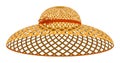 Round women hat with wide brim woven from natural material. Summer light headwear. Elegant woven straw hat with large mesh. Vector Royalty Free Stock Photo