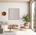 Round wooden coffee table near sofa and armchair against window and wall with blank mockup poster frame. Scandinavian interior Royalty Free Stock Photo