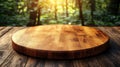 Round wooden cutting board on rustic wooden table, forest backdrop Royalty Free Stock Photo