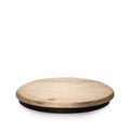 Round wooden display isolated on white background. Blank shelf for showing your product. Clipping paths