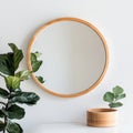 Round Mirror with Wooden Frame and Lush Green Plants in Minimalist Interior Royalty Free Stock Photo