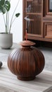 Round Wooden Incense Burner With Lid And Red Incense Stick for Aromatherapy and Meditation Royalty Free Stock Photo