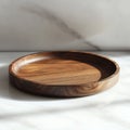 Empty Wooden Round Tray on Marble Countertop with Natural Light and Shadows Royalty Free Stock Photo