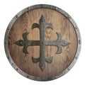 Round wooden shield with metal cross in center 3d illustration