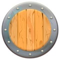 Round wooden shield with metal rivets isolated on white. Medieval knight armor Royalty Free Stock Photo