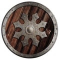 Round wooden shield with metal star isolated 3d illustration