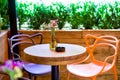 Round wooden table with two colored chairs.