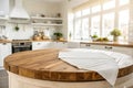 Empty round wooden tabletop with kitchen interior Royalty Free Stock Photo