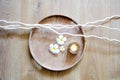 Round wooden tray and twigs, white beautiful flowers and candle Royalty Free Stock Photo