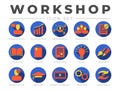 Round Workshop Icon Set. Presentation, Development, Networking, Teamwork, Guide, Literature, E-Book, Certificate, Ideas,