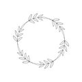 Round wreath of branches and leaves. Decorative floral frame. Simple border, linear drawing in black on white background. Tag, Royalty Free Stock Photo