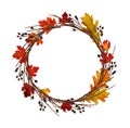 Round wreath from dry twigs, berries and autumn leaves