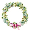 Round wreath with eucalyptus leaves, mistletoe berries, willow twigs, red bow, ribbon. Watercolor illustration isolated on white