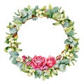 Round wreath with eucalyptus leaves, mistletoe berries, willow twigs, roses. Watercolor illustration isolated on white