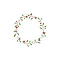 Round wreath with green leaves, branches, and red berries. Autumn garland isolated on white