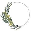 round wreath with olive branch and silver outline. watercolor olive leaves, green and black olives fruit isolated on Royalty Free Stock Photo