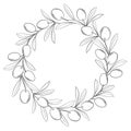 Round wreath of olives branch in black and white. Frame made of olive berrie and leaf.